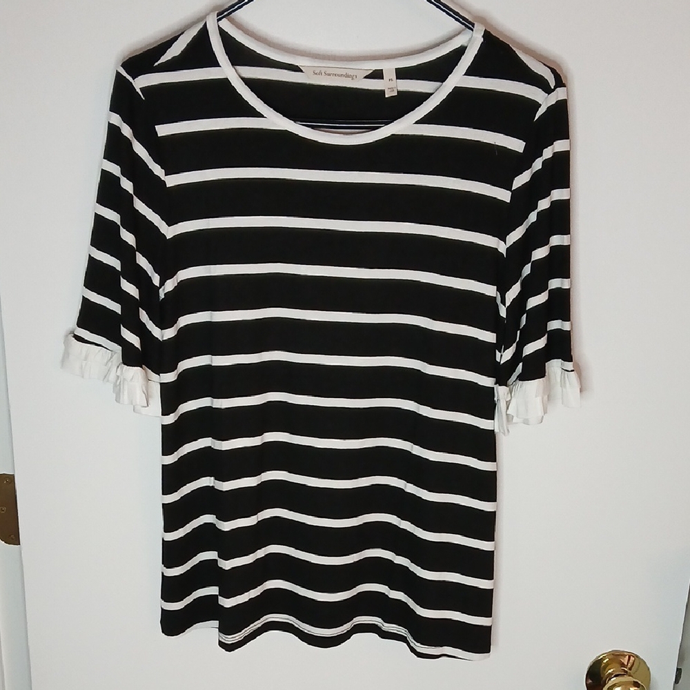 Soft Surroundings Women's Black and White Striped Top, Ruffle Sleeves, PS